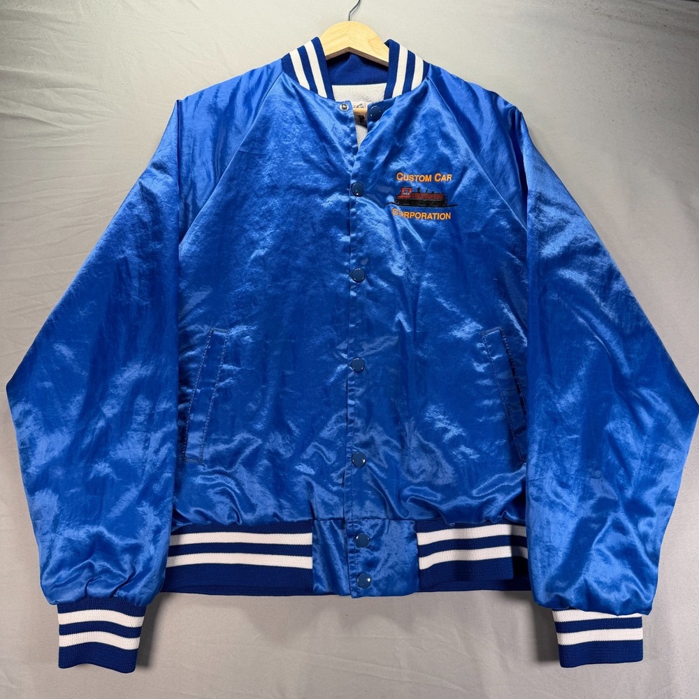 Vintage Railroad Satin Jacket Mens Large Four Seasons Blue Rail Car Snap 90s - Picture 2 of 10